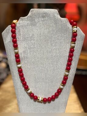 Vintage Napier Red Beaded Necklace with Gold-Tone Spacers